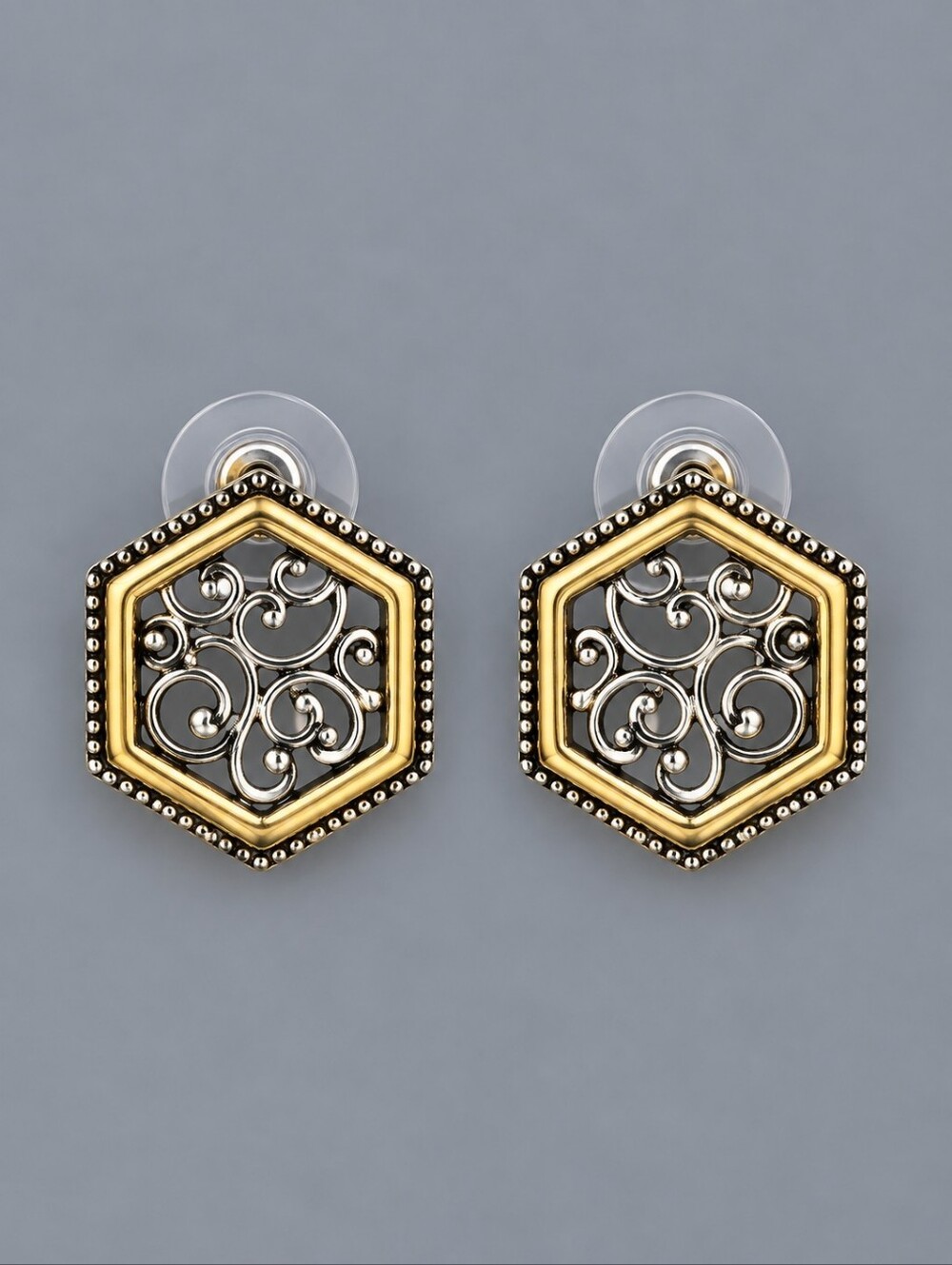 Vintage Hexagon Swirl Filigree Two-Tone Stud Earrings